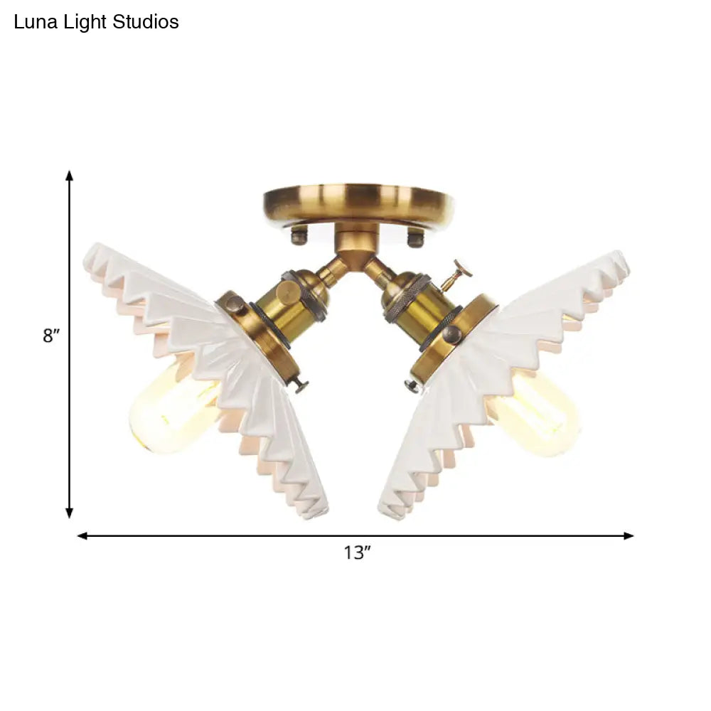 Restaurant Ceiling Light With Scalloped Milk Glass Shade In Black/Bronze Semi-Flush Mount