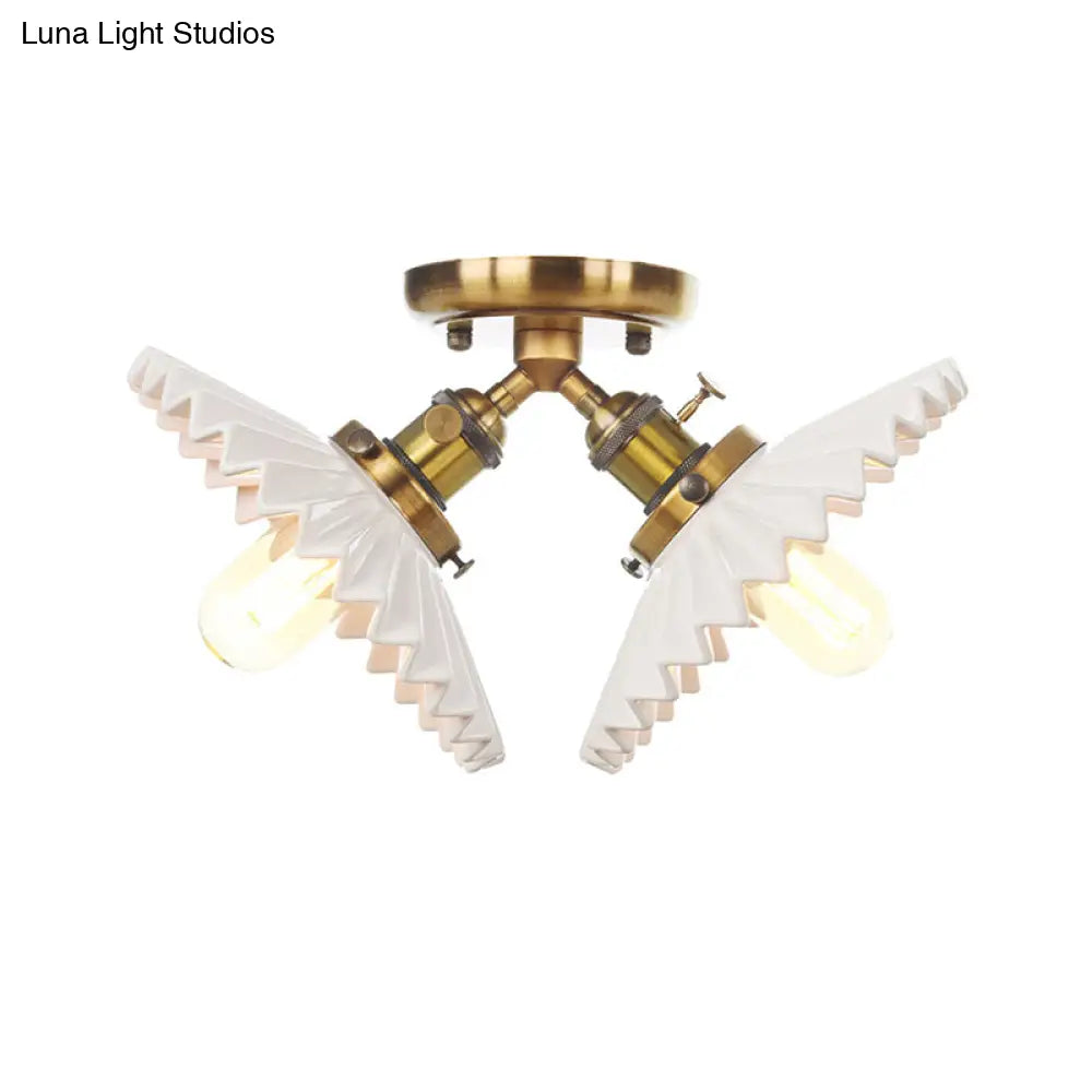 Restaurant Ceiling Light With Scalloped Milk Glass Shade In Black/Bronze Semi-Flush Mount