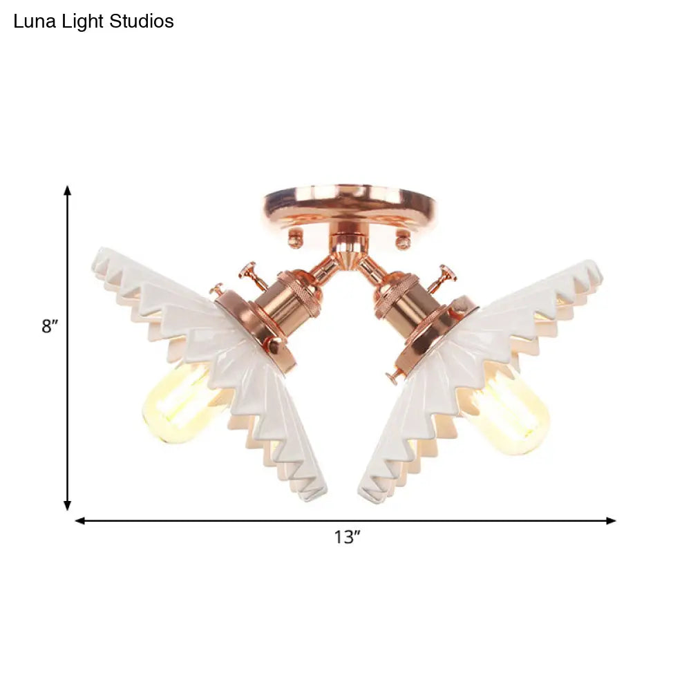Restaurant Ceiling Light With Scalloped Milk Glass Shade In Black/Bronze Semi-Flush Mount