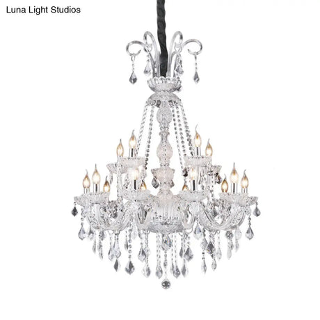 Retro 15-Bulb Clear Glass Candelabra Chandelier With Crystal Drop - Living Room Suspension Light