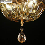 Retro Amber Glass Flush Mount Ceiling Light With Crystal Drop - 3 - Light Bowl Fixture