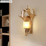 Retro Antler Resin Wall Mount Light With Frosted Glass Shade - 1-Light Brown Finish Ideal For Study