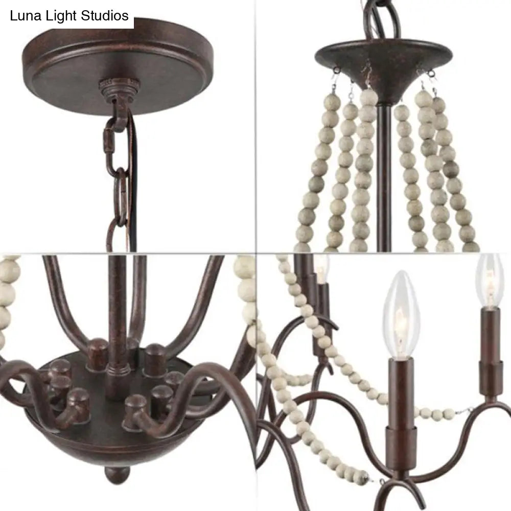 Retro Beaded Wood Chandelier With Metallic Candle - 9-Light Suspension Light In Rust