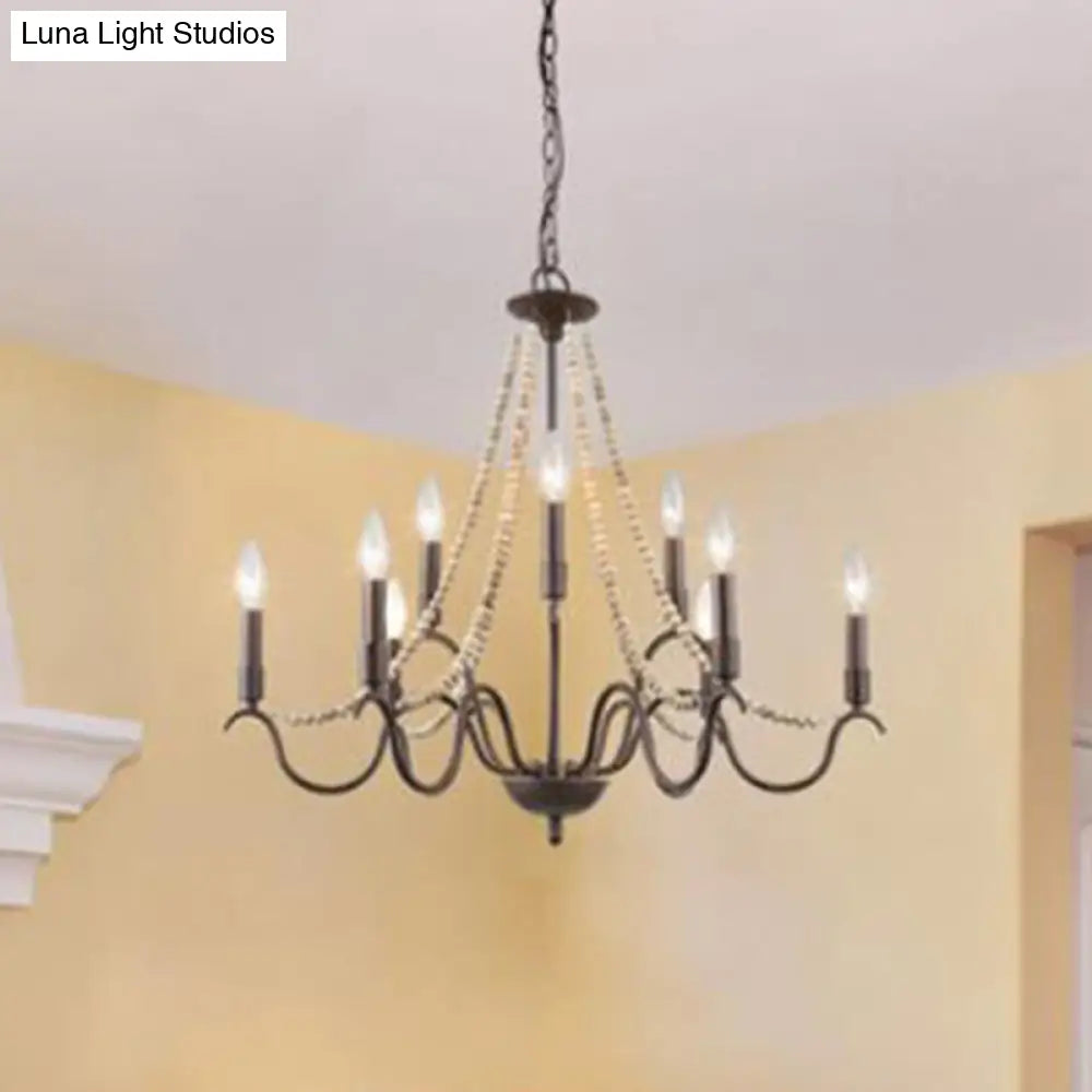 Retro Beaded Wood Chandelier With Metallic Candle - 9-Light Suspension Light In Rust