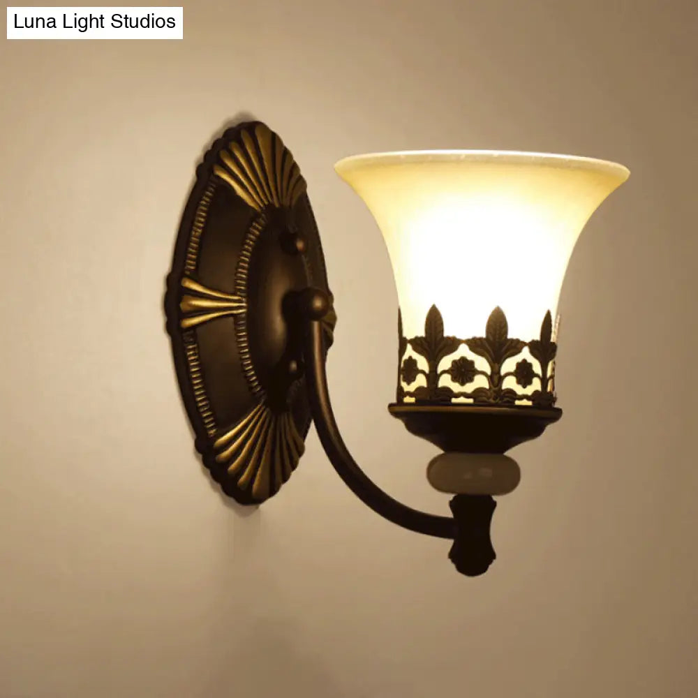 Retro Beige Glass Wall Light With Flared Shade And Filigree In Dark Brown For Living Rooms