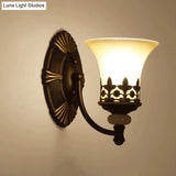Retro Beige Glass Wall Light With Flared Shade And Filigree In Dark Brown For Living Rooms