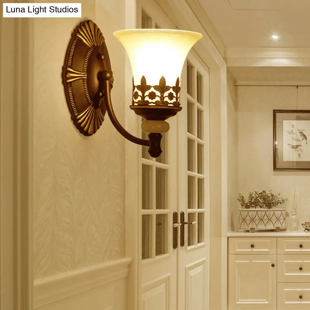 Retro Beige Glass Wall Light With Flared Shade And Filigree In Dark Brown For Living Rooms