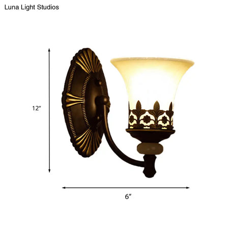 Retro Black Bell Wall Light With White Glass Shade For Living Room - 1/2 Fixture
