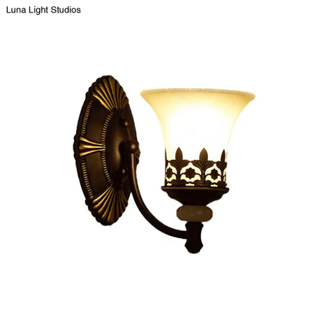 Retro Black Bell Wall Light With White Glass Shade For Living Room - 1/2 Fixture