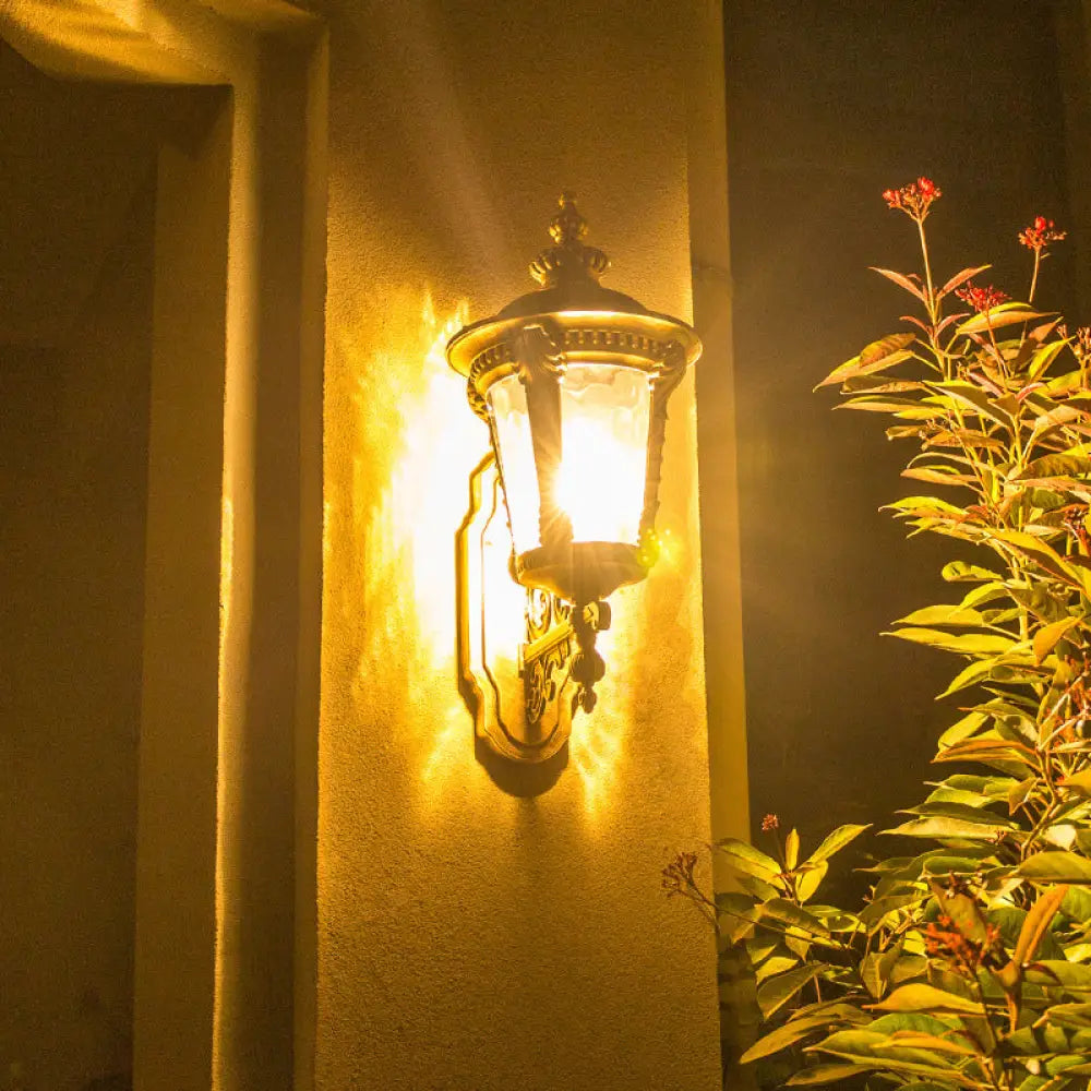 Retro Black/Brass Tapered Sconce Light With Dimpled Glass - Wall Mounted Patio Lamp (1 Head