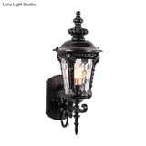 Retro Black/Brass Tapered Sconce Light With Dimpled Glass - Wall Mounted Patio Lamp (1 Head