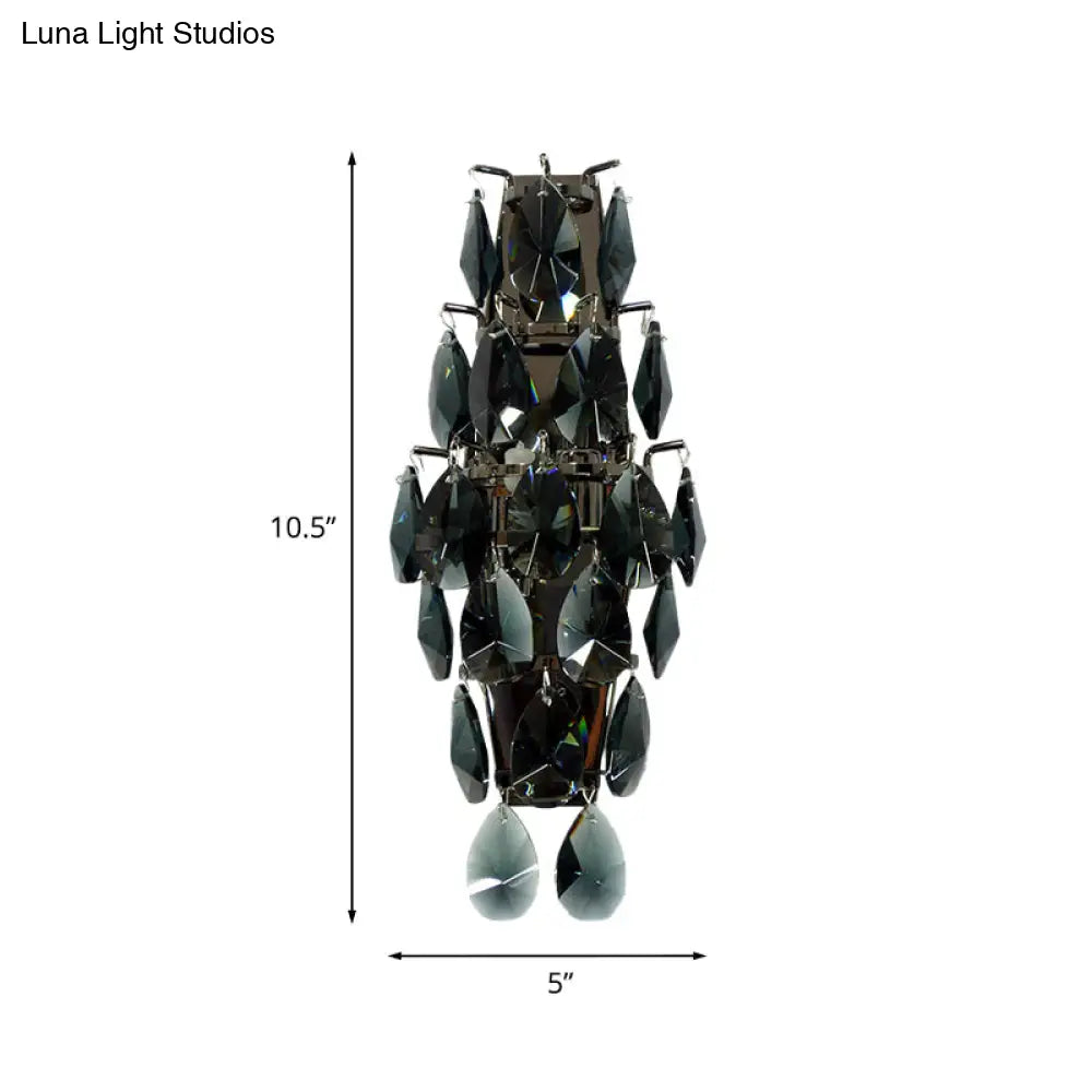 Retro Black Crystal Gem Wall Sconce With 2-Bulb Fixture For Living Room Lighting
