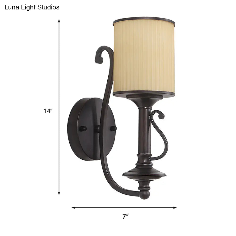 Retro Black Cylinder Wall Light With Metal Curvy Arm: Fabric Shade 1-Light Living Room Lamp