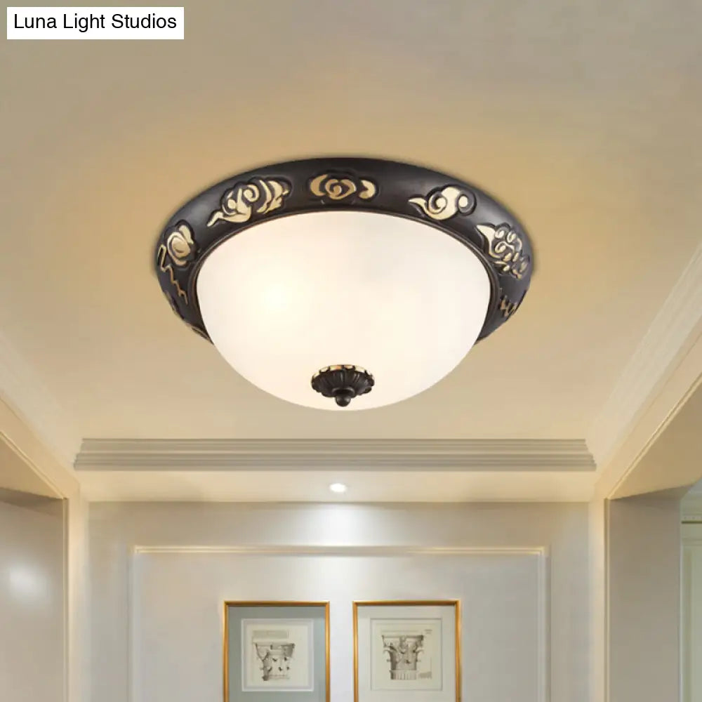 Retro Black Glass Ceiling Fixture With Embossed Rose Edge - Bedroom Flush Mount Lighting
