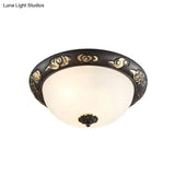 Retro Black Glass Ceiling Fixture With Embossed Rose Edge - Bedroom Flush Mount Lighting