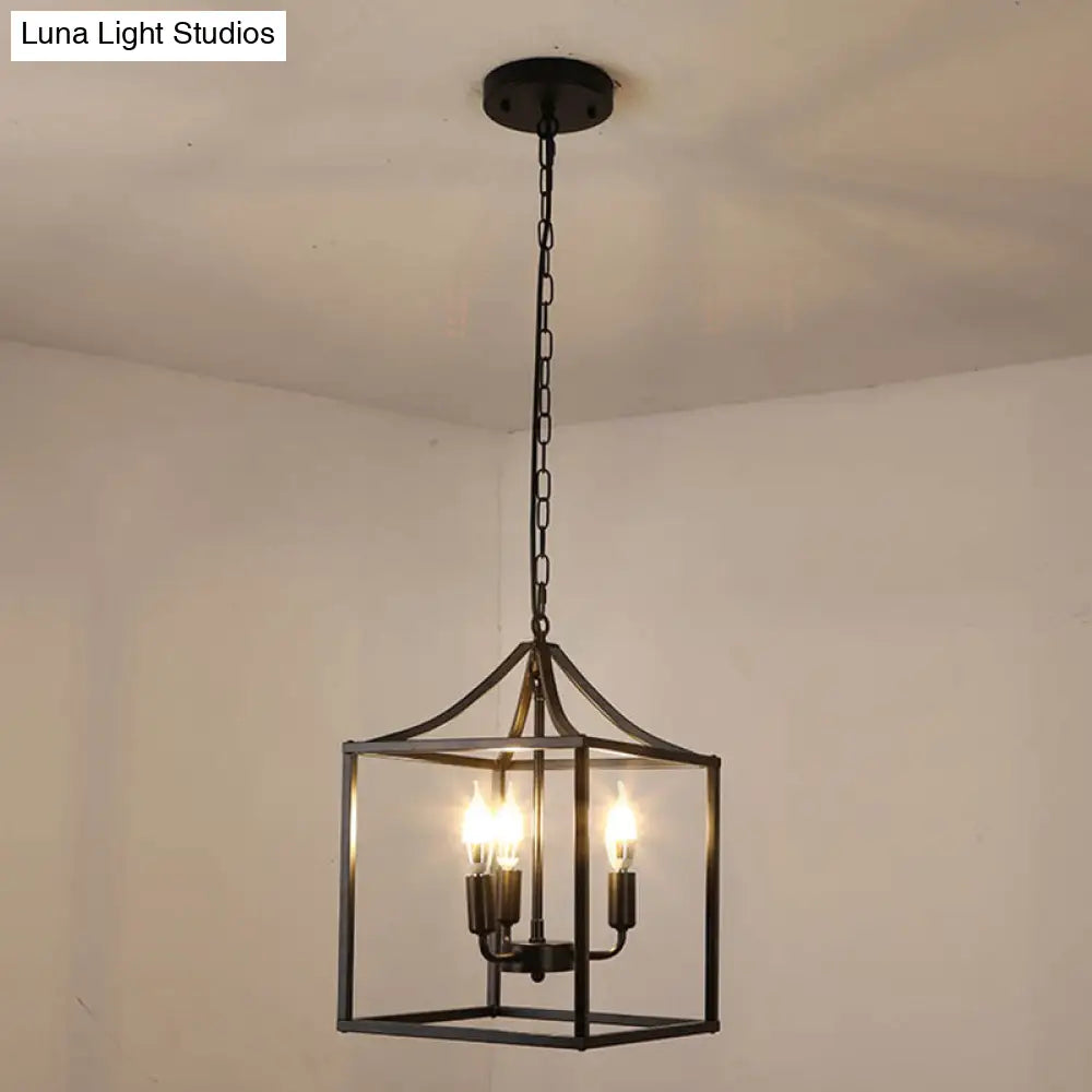 Retro Black Pendant Light: Square Cage Chandelier With 3 Lights Metal Lamp For Dining Room