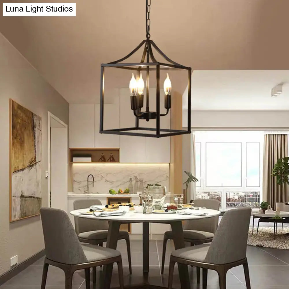 Retro Black Pendant Light: Square Cage Chandelier With 3 Lights Metal Lamp For Dining Room