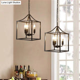 Retro Black Pendant Light: Square Cage Chandelier With 3 Lights Metal Lamp For Dining Room