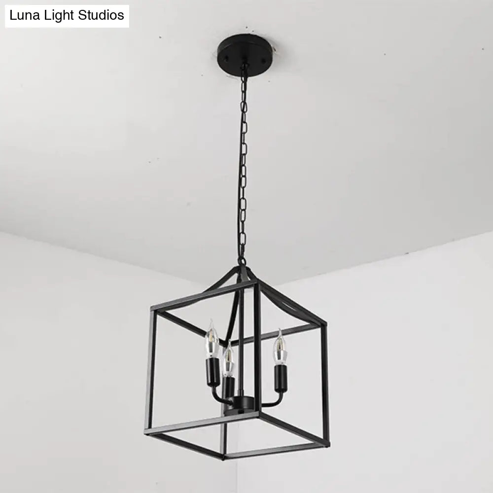 Retro Black Pendant Light: Square Cage Chandelier With 3 Lights Metal Lamp For Dining Room