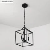 Retro Black Pendant Light: Square Cage Chandelier With 3 Lights Metal Lamp For Dining Room