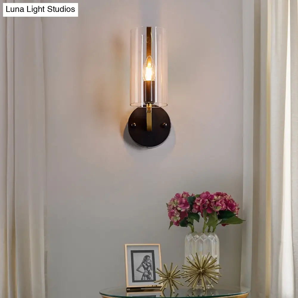 Retro Black Tube Wall Light With Transparent Glass Sconce - Brass Arm Fixture