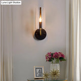 Retro Black Tube Wall Light With Transparent Glass Sconce - Brass Arm Fixture