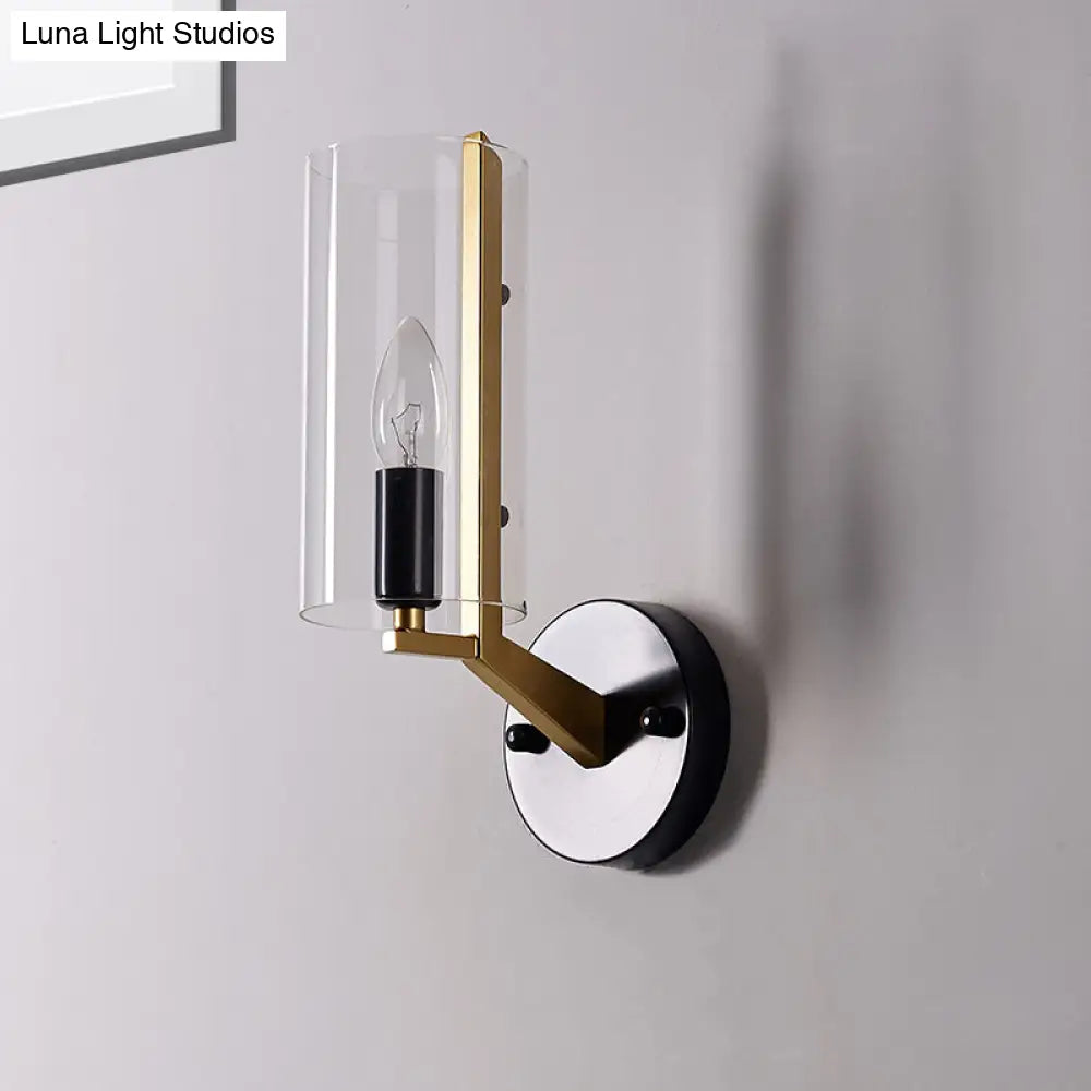 Retro Black Tube Wall Light With Transparent Glass Sconce - Brass Arm Fixture