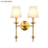Retro Brass Cone Wall Sconce With White Fabric Shade - Ideal For Dining Room Lighting
