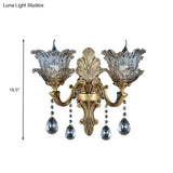 Retro Brass Curved Arm Metal Sconce With Faceted Crystal Accent - 1/2 Lights Living Room Wall