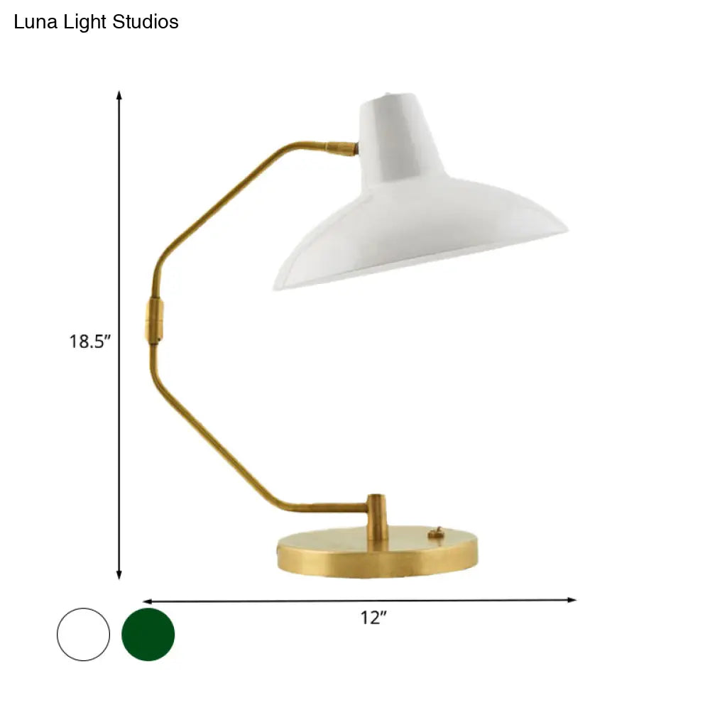 Retro Brass Iron Bow Desk Lamp With Single Bulb And Green/White Wide Bowl Shade