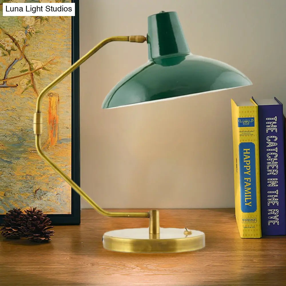 Retro Brass Iron Bow Desk Lamp With Single Bulb And Green/White Wide Bowl Shade