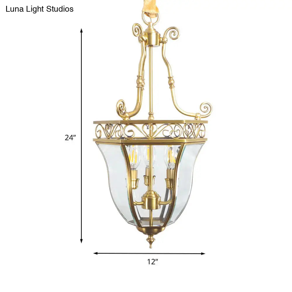 Retro Brass Tapered Chandelier Lamp - 3 Heads Clear Glass Pendant Light For Balcony
