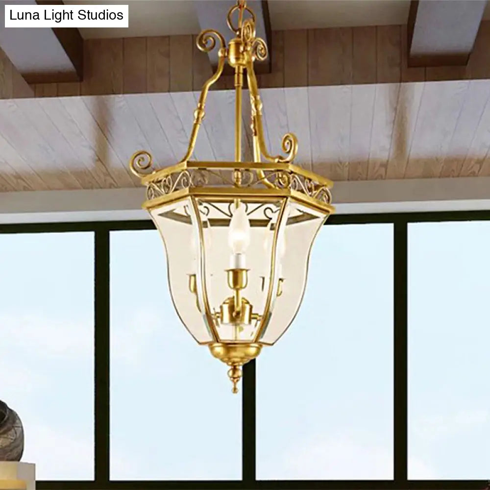 Retro Brass Tapered Chandelier Lamp - 3 Heads Clear Glass Pendant Light For Balcony