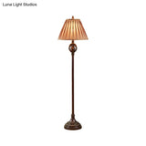 Retro Brown Pleated Tapered Fabric Floor Lamp For Living Room Reading - 1-Bulb Light