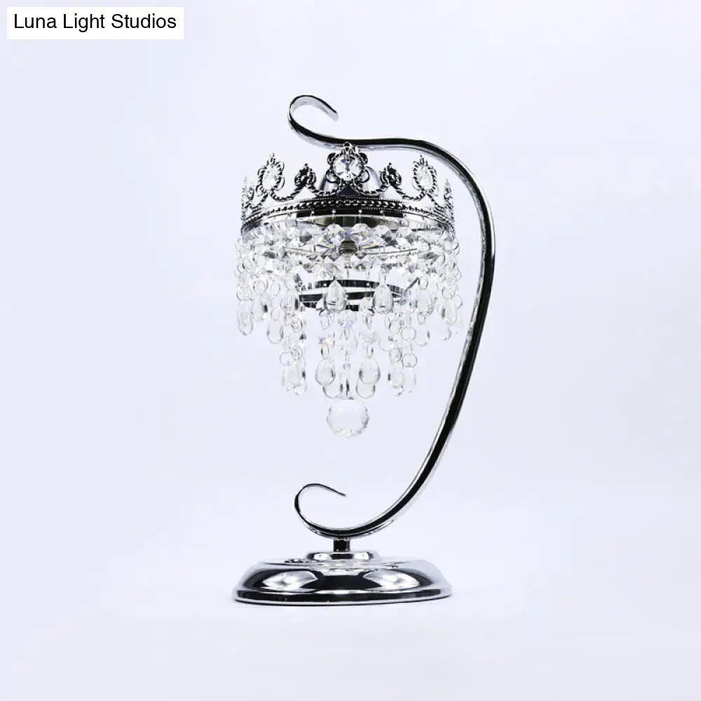 Retro Chrome Scroll Led Table Lamp With Crystal Drape - Metal Bedside Light