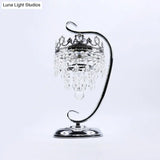 Retro Chrome Scroll Led Table Lamp With Crystal Drape - Metal Bedside Light