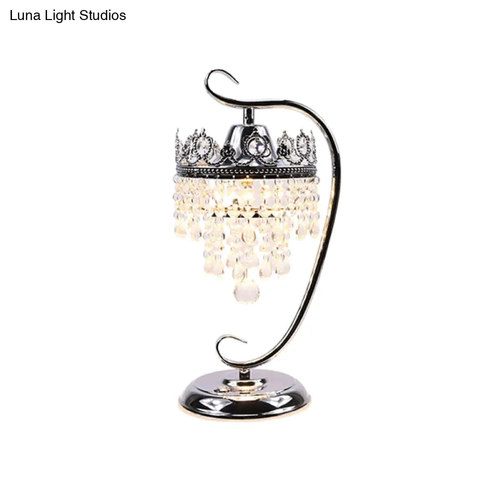 Retro Chrome Scroll Led Table Lamp With Crystal Drape - Metal Bedside Light