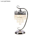 Retro Chrome Scroll Led Table Lamp With Crystal Drape - Metal Bedside Light