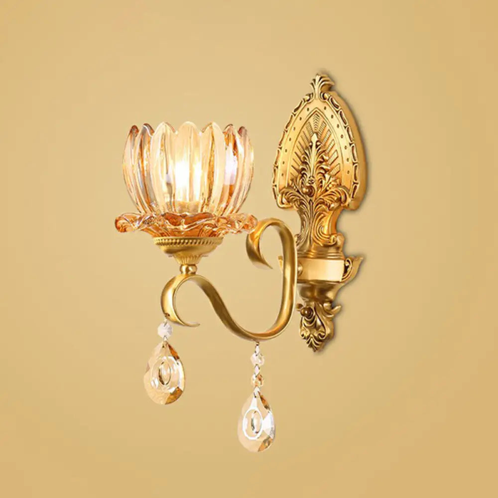 Retro Clear Prismatic Glass Brass Wall Sconce With Decorative Crystal Flower Living Room Light 1 /