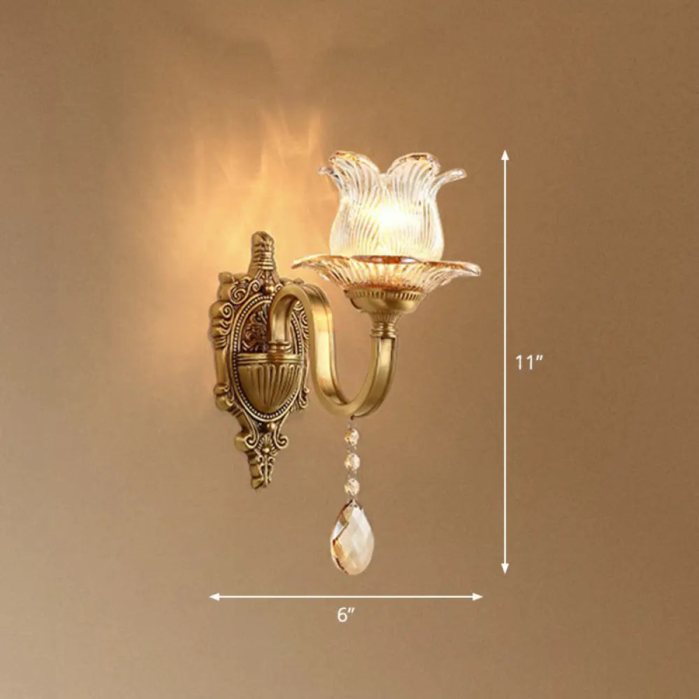 Retro Clear Prismatic Glass Brass Wall Sconce With Decorative Crystal Flower Living Room Light 1 /
