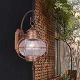 Retro Coffee/Bronze Lantern Wall Light With Wire Cage - Outdoor 1 Head Lighting In White/Clear Glass