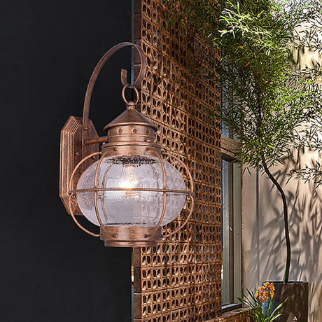 Retro Coffee/Bronze Lantern Wall Light With Wire Cage - Outdoor 1 Head Lighting In White/Clear Glass