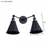Retro Conical/Scalloped Metal Wall Lamp With 2 Pivot Shades - Black Bathroom Fixture