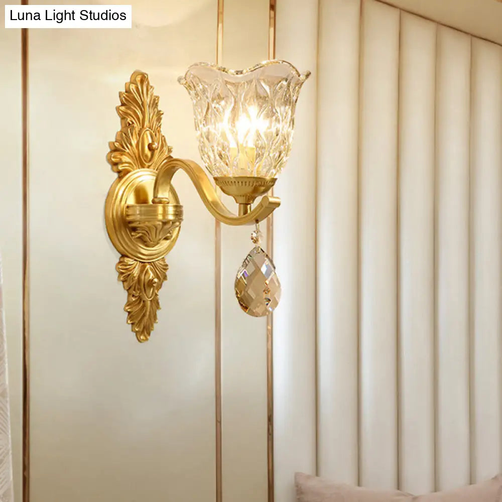 Retro Crystal Flower Wall Lamp - 1 Light Gold Flush Sconce For Living Room