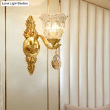 Retro Crystal Flower Wall Lamp - 1 Light Gold Flush Sconce For Living Room