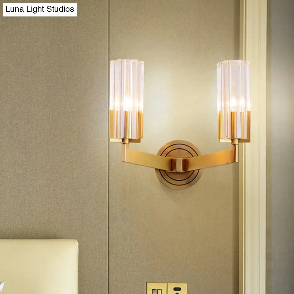 Retro Crystal Ribbed Wall Lamp With Brass Flush Sconce For Living Room - 1/2 Lights