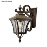 Retro Dark Coffee Lantern Sconce Light Outdoor Wall Lamp With Clear Water Glass And Single Bulb
