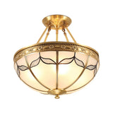 Retro Dome Ceiling Light With Milkglass & Leaf Pattern - Semi Flush Mount (3/4 Bulbs) Brass Finish