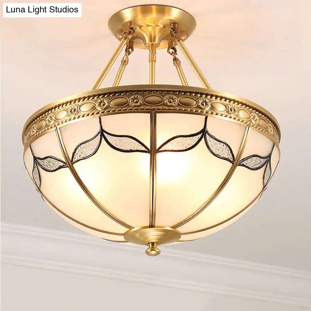 Retro Dome Ceiling Light With Milkglass & Leaf Pattern - Semi Flush Mount (3/4 Bulbs) Brass Finish