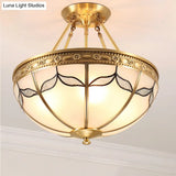 Retro Dome Ceiling Light With Milkglass & Leaf Pattern - Semi Flush Mount (3/4 Bulbs) Brass Finish